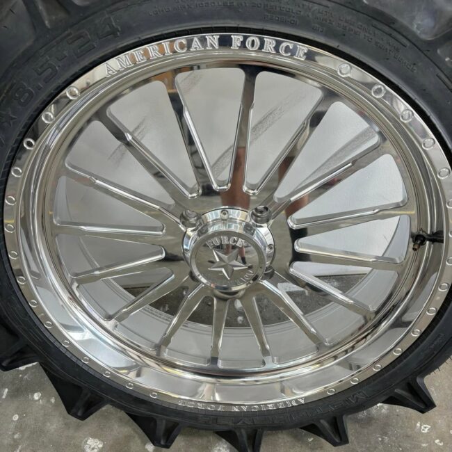 Mirror-polished chrome American Force wheel after professional cleaning and polishing in Southwest Florida