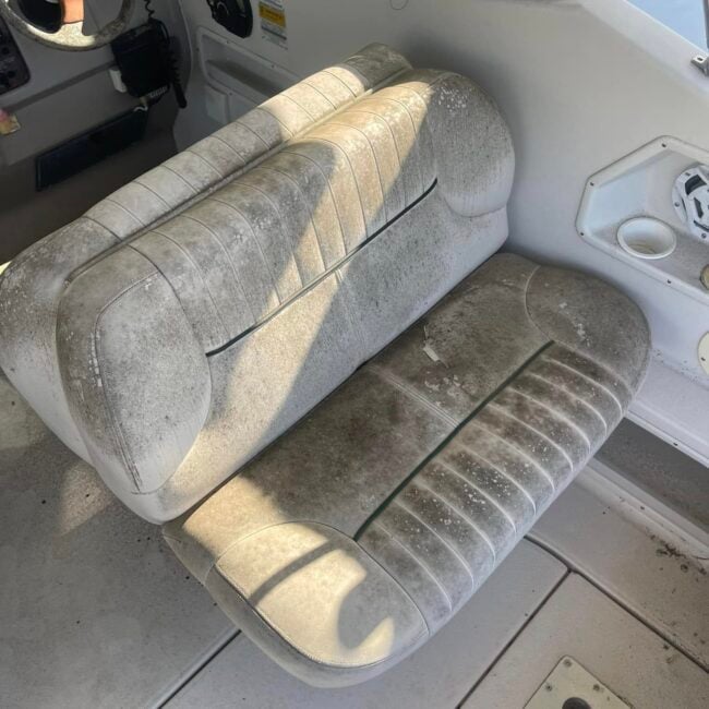 Heavily mildewed boat seat cushions before vinyl cleaning and marine detailing in Southwest Florida